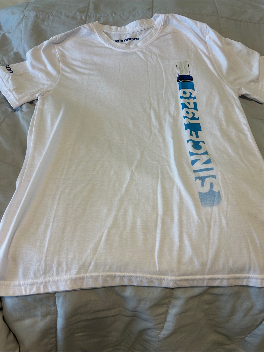 Zamboni brand. White Men's Graphic Tee with Blue Accents